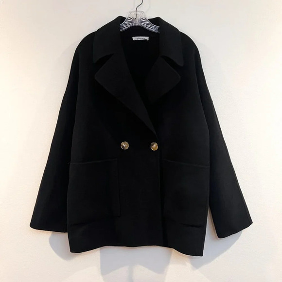 Gentle Herd 100% Wool Black Classic Bohemian Knit Collared Long Trench Coat XL - Picture 4 of 9